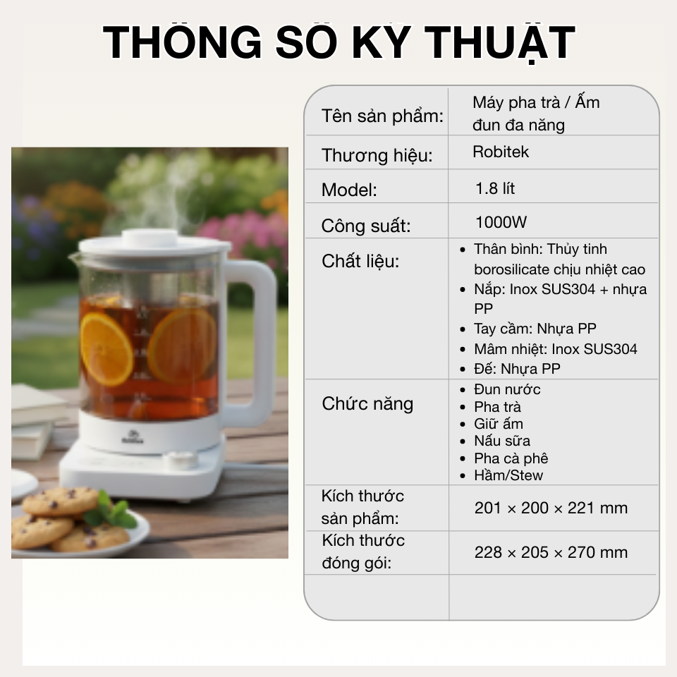 Máy Pha Trà Robitek RB18 - 1.8L – Đa năng&nbsp;